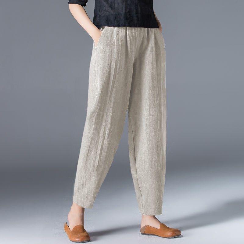 Women's Pure Cotton Elastic Waisted Cropped Pants Harun Pants Summer Loose Thin Wide Leg Pants Casual Pants