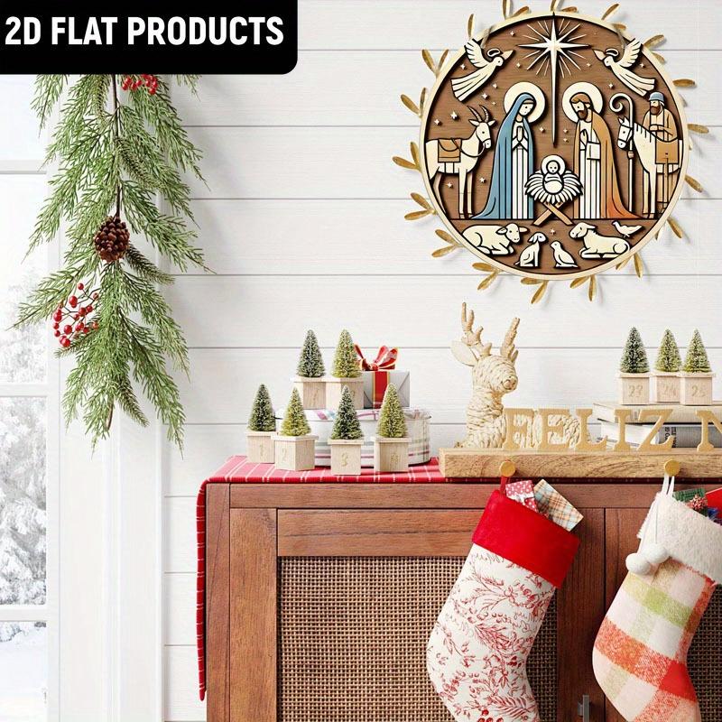 Klassische Holzszene Wandplakette aus Holz - Engel, Heilige Familie, Tierdesign | Mehrfach verwendbare flache 2D-Dekoration | Ohne Strom | für Tür, Wand, Zuhause