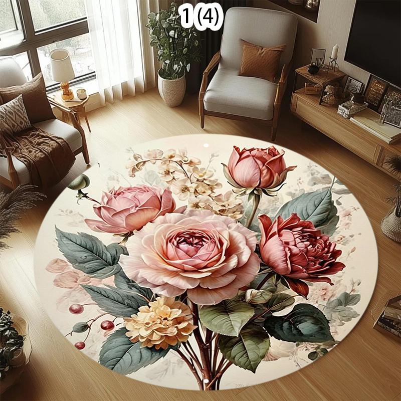 Elegant Stylish Retro Rose Floral Round Rug Soft Washable Non-slip Decorative Mat Cozy Floor Carpet for Living Room Bedroom