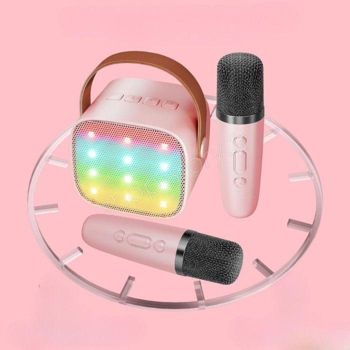 SHOP-STORY - KARAOKIT_RO: Kit de Karaoké Portable avec Enceinte LED et 2 Microphones Sans Fil Bluetooth avec Effets Sonores - Rose