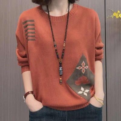 Loose Fit Floral Jacquard Round Neck Sweater Women Autumn Winter Ethnic Style Knit Top