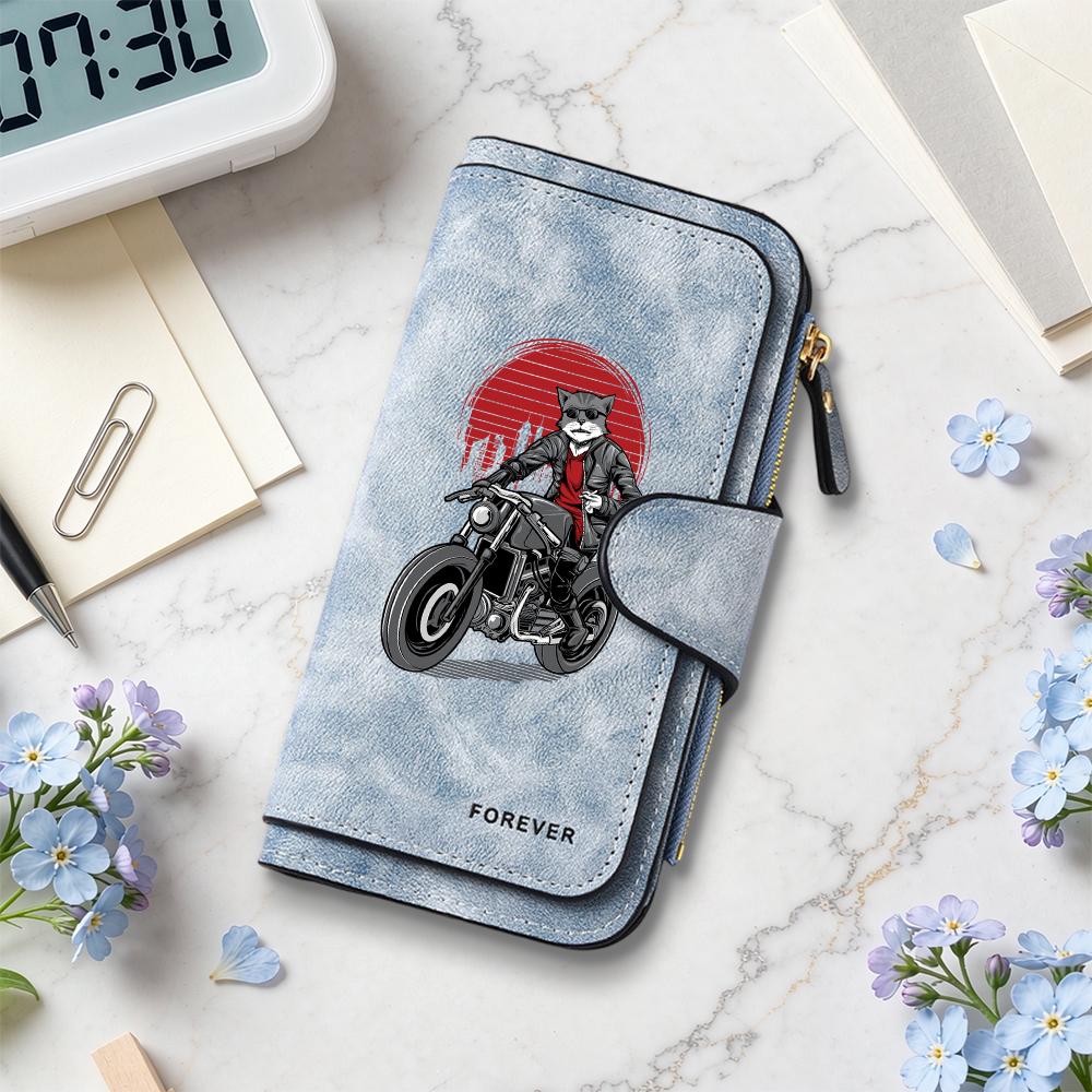 Cool Cat Biker Pattern Long Wallet PU Leather Multi Card Slot Fashion Clutch Purse