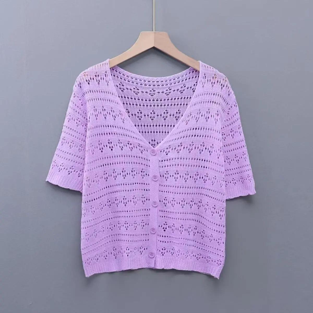 

Summer Short Sleeved Knitted T-shirt Thin Knitted Ice Silk Cardigan 2XL фіолетовий