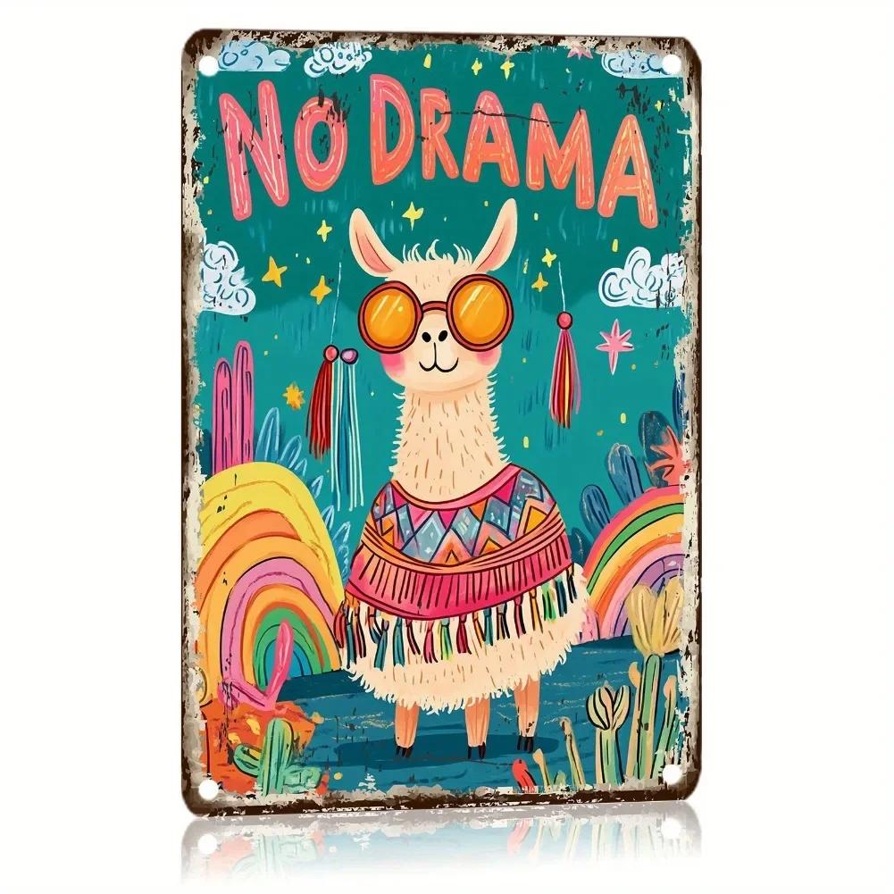 Красочная лама Винтажная металлическая табличка Нет драмы 2D Железное искусство Радужные очки Прочный Декор для кафе бара ресторана 20x30cm