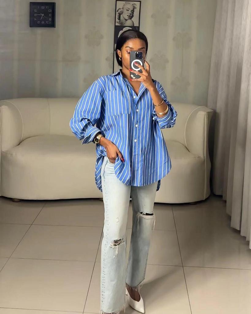 M6021: European & American Spring 2025 Casual Blue/White Striped Shirt - Loose, Fashionable, Versatile.