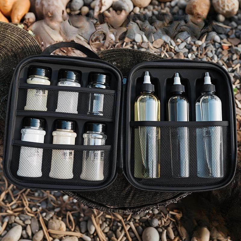 Tragbares Gewürzflaschen-Set für den Außenbereich für Camping und Picknicks Gewürzaufbewahrungsgläser BBQ-Ölflaschen und Gewürz-Organizer-Tasche