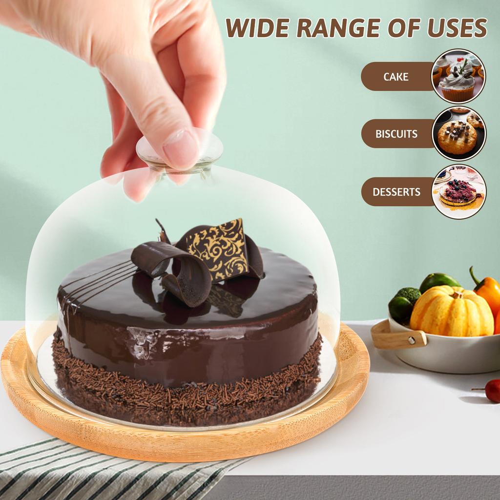 Wooden Cake Tray with Clear Glass Dome Lid Round Dessert Display Server Plate for Cupcakes Cookies Fruits Muffins Baking Storage