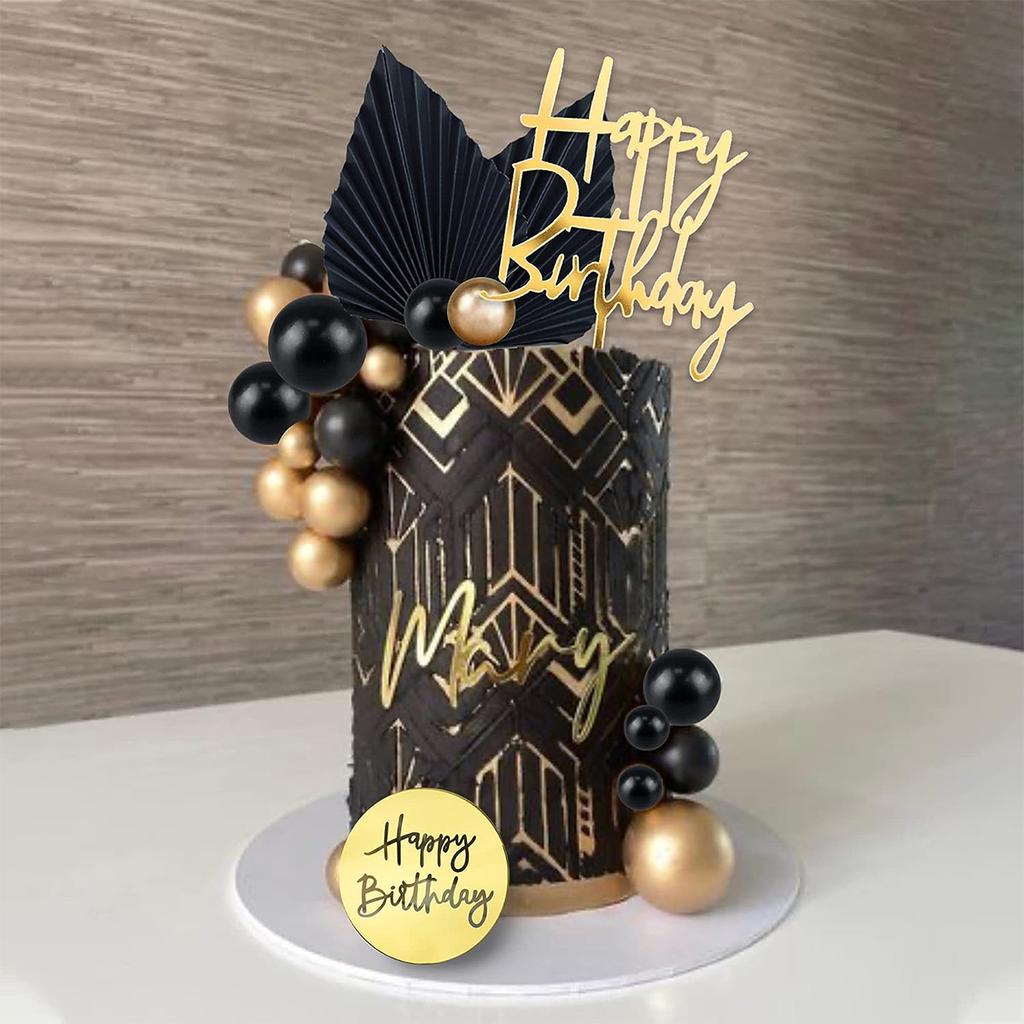 24PCS Man  Black Gold Ball Happy Birthday Cake Topper Decorations for Black Boho Wedding Boy Birthday Party Baby Shower Supplies