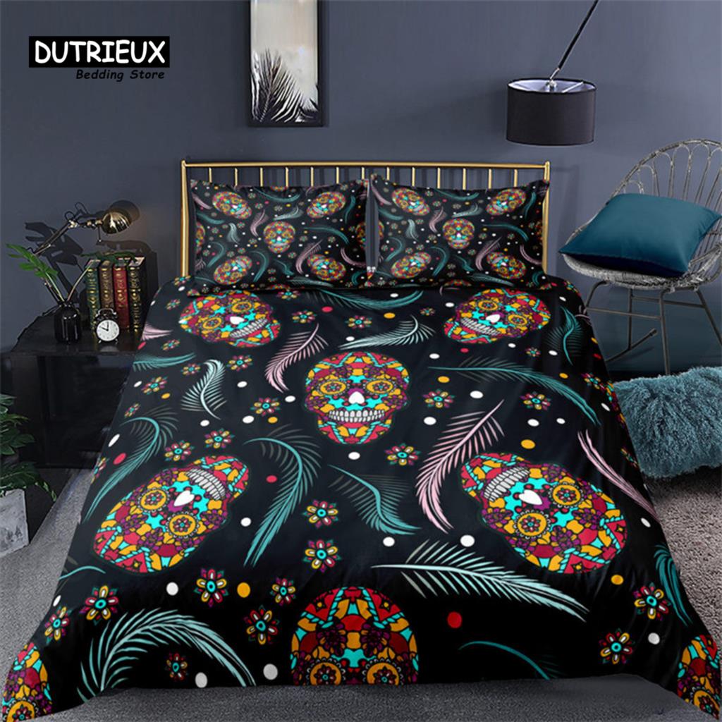 

Colorful Sugar Skull Skeleton Quilt Cover Gothic Skull Bedding Set Queen Size Microfiber Horror Theme Feather Black Duvet Cover EU single(135x200cm)