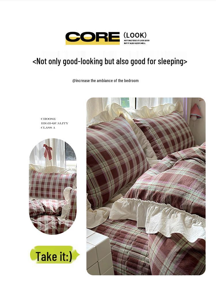 Princess Style Crinkled Gauze Lace Bedding Set - 4-Piece Washable Cotton Plaid Double Duvet Cover for All Seasons