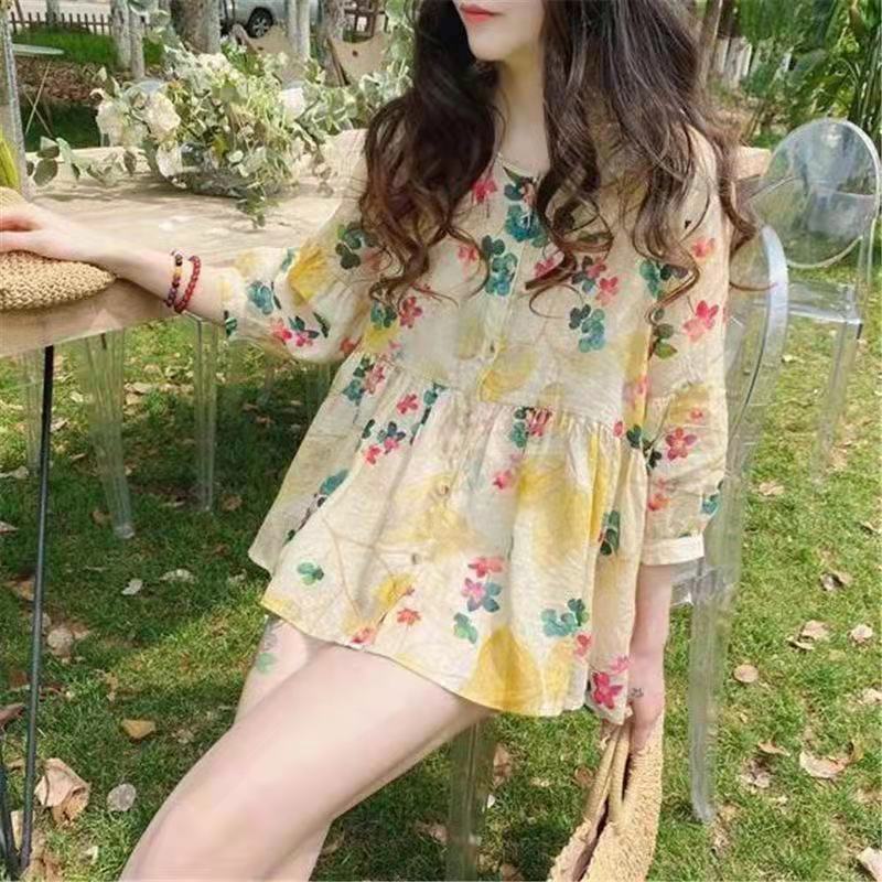 Women's Floral Shirt Korean Version Loose Commuting Sweet Floral Shirt Mid Sleeve Shirt