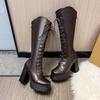Fashion High Heeled Knee High Boots for Women Fashion Thick Bottom Autumn Winter Women Shoes Lace Up Square Toe Knight Long Botas Femmes