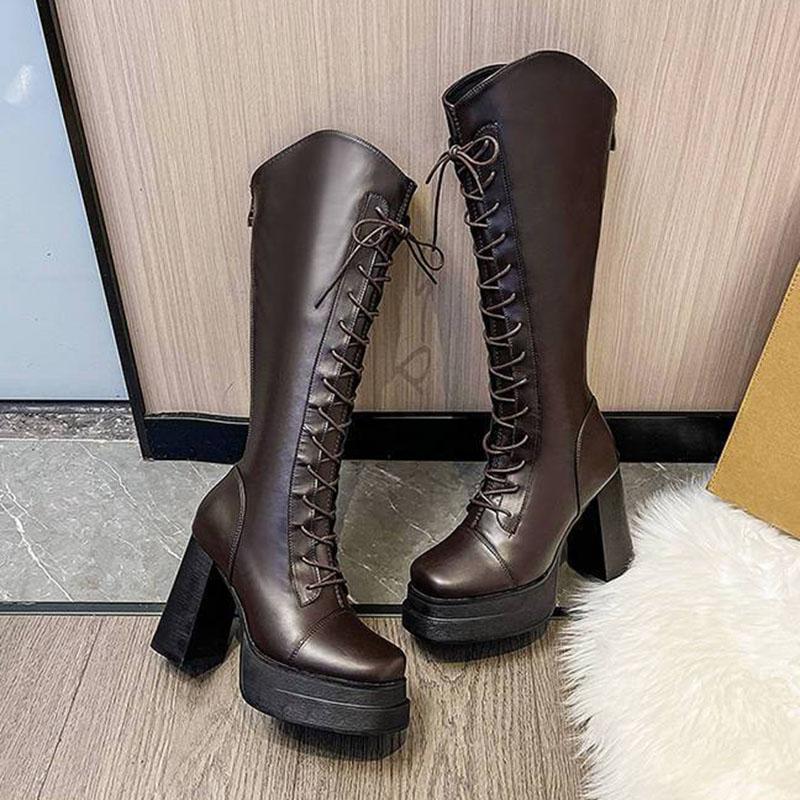 Fashion High Heeled Knee High Boots for Women Fashion Thick Bottom Autumn Winter Women Shoes Lace Up Square Toe Knight Long Botas Femmes