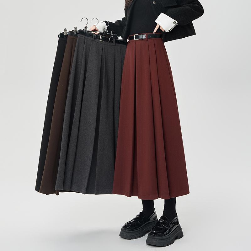 Womens High Waist  Pleated Midi Skirt A Line Winter Fall  Solid Color Long Skirt
