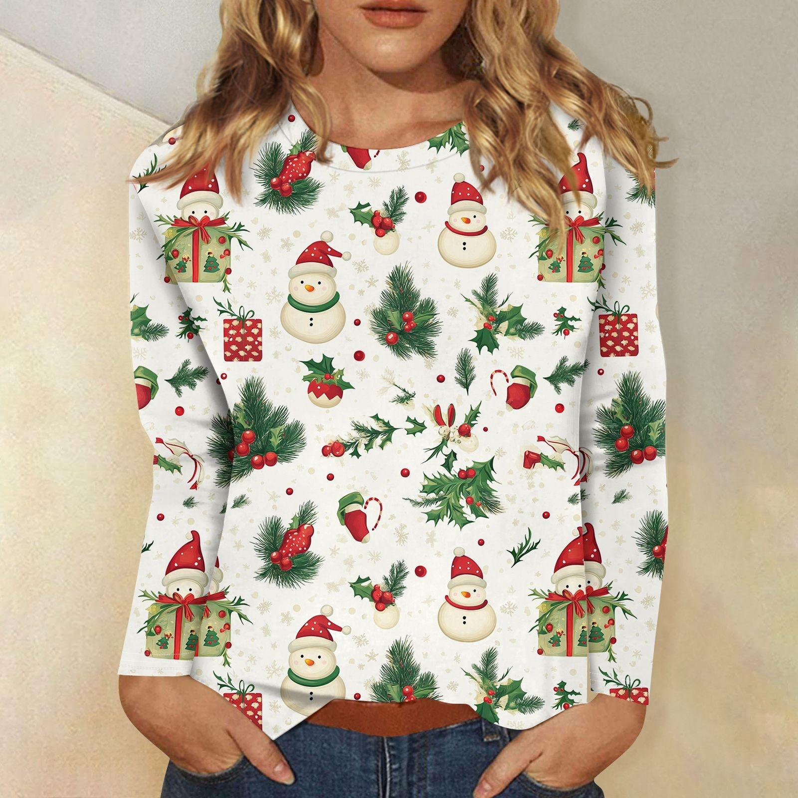

Женская мода повседневная рождественская печать круглый вырез длинный рукав декоративная футболка топ M белый