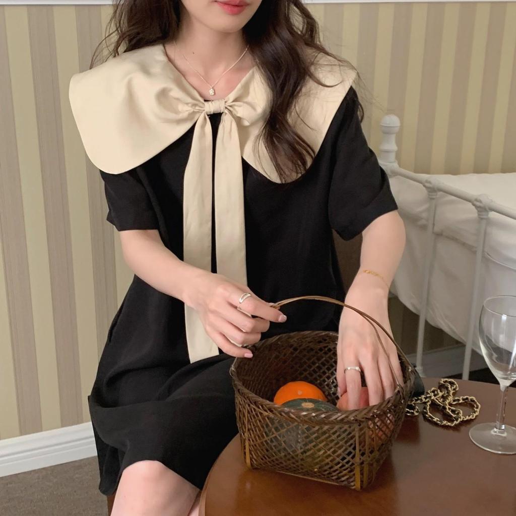 Korean Style Reversible Color-Block Dress with Bow and Doll Collar – College Niche Design, Short Skirt for Summer