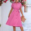 Women's Fashion Casual Color Lapel Button Shirt Tie Short Sleeve Dress