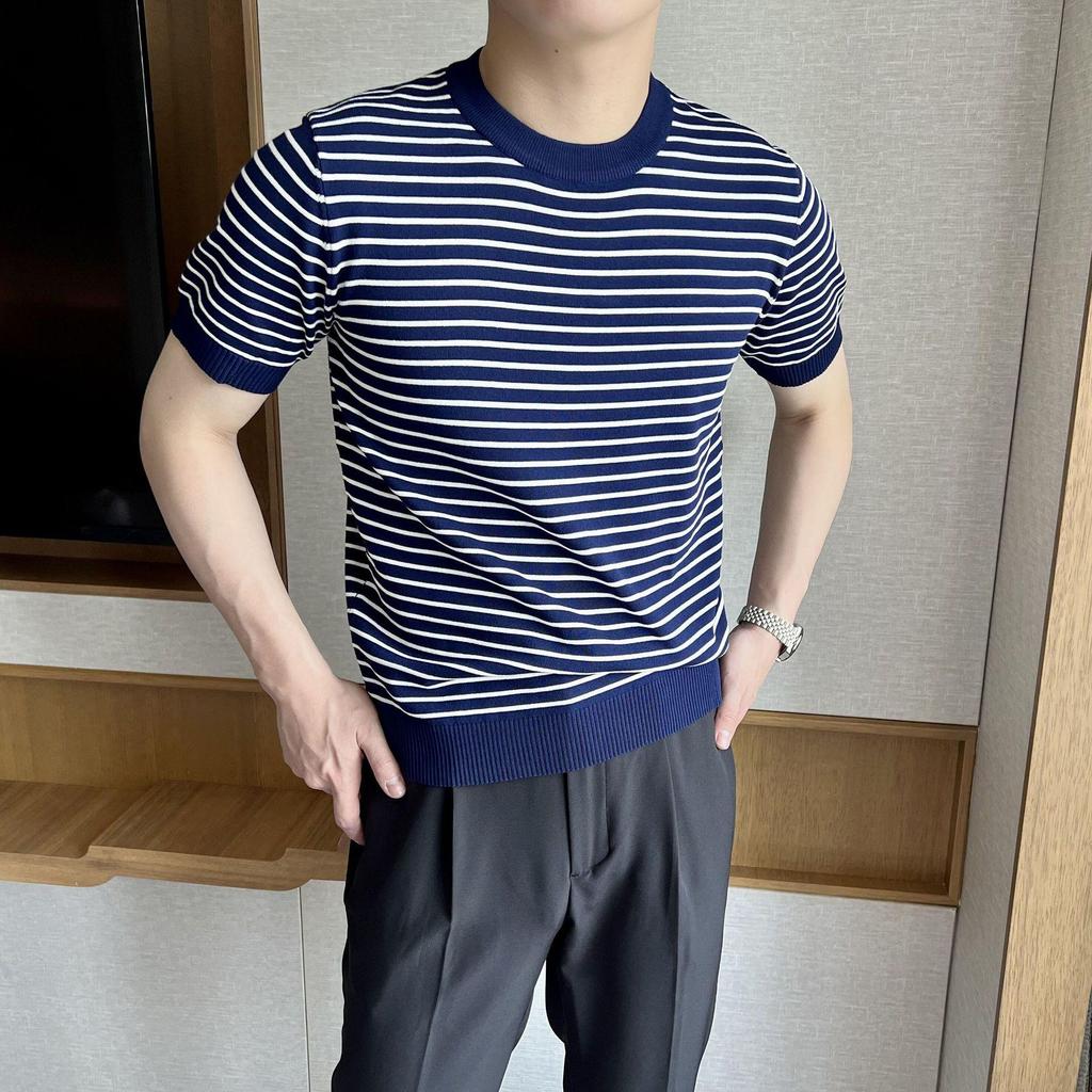 2023 Men's Retro Striped Knitted Short-Sleeve Summer Sailor Shirt - Breathable Ice Silk, Round Neck