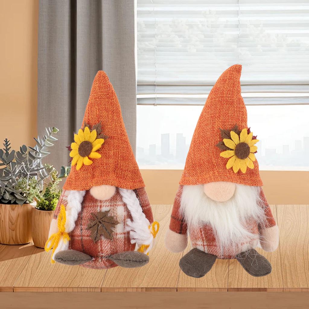 2 Pcs Sunflower Gnomes Decorations Cute Dwarf Figurines Handmade Plush Stuffed Gnomes for Holiday Fe
