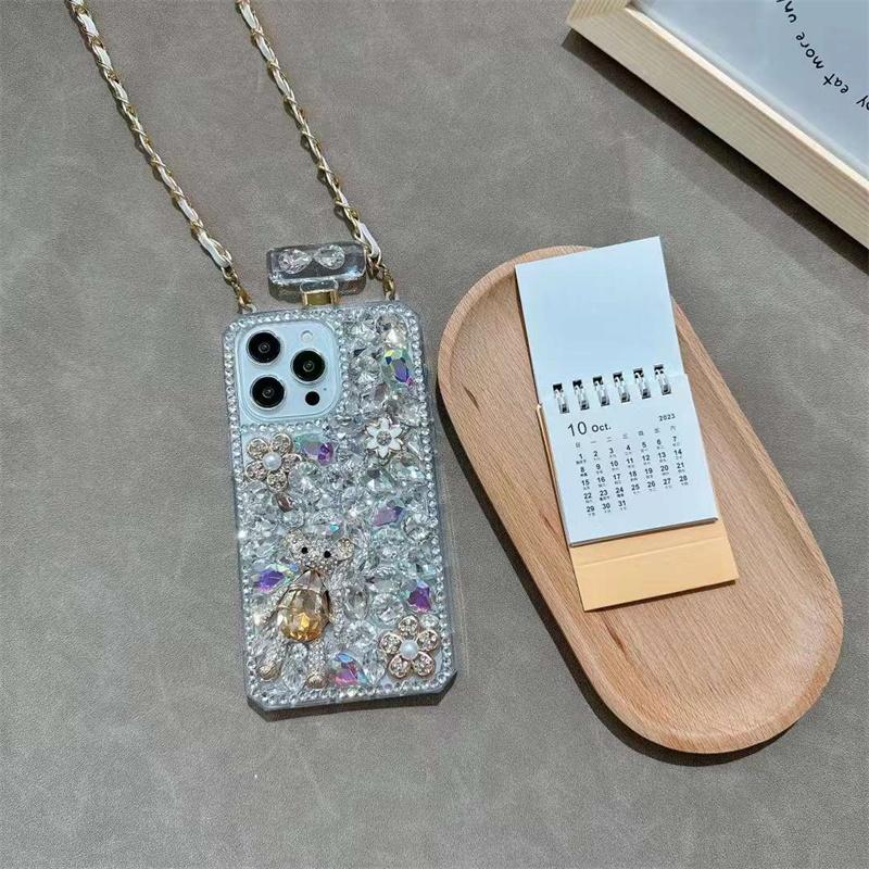 Luxury Fashion Perfume Bottle Rhinestone Phone Case For iPhone 15 14 13 12 11 Pro Max X XS XR XS Max 8 7 Plus Lanyard Shockproof Cover