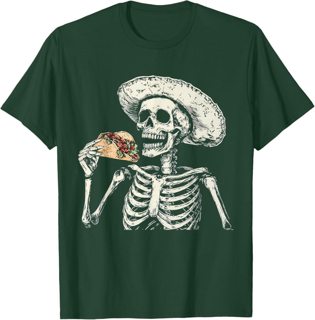 Skeleton Eating Taco Sombrero Graphic Tee Mexican Dia De Muertos Lover Casual Cotton T-Shirt