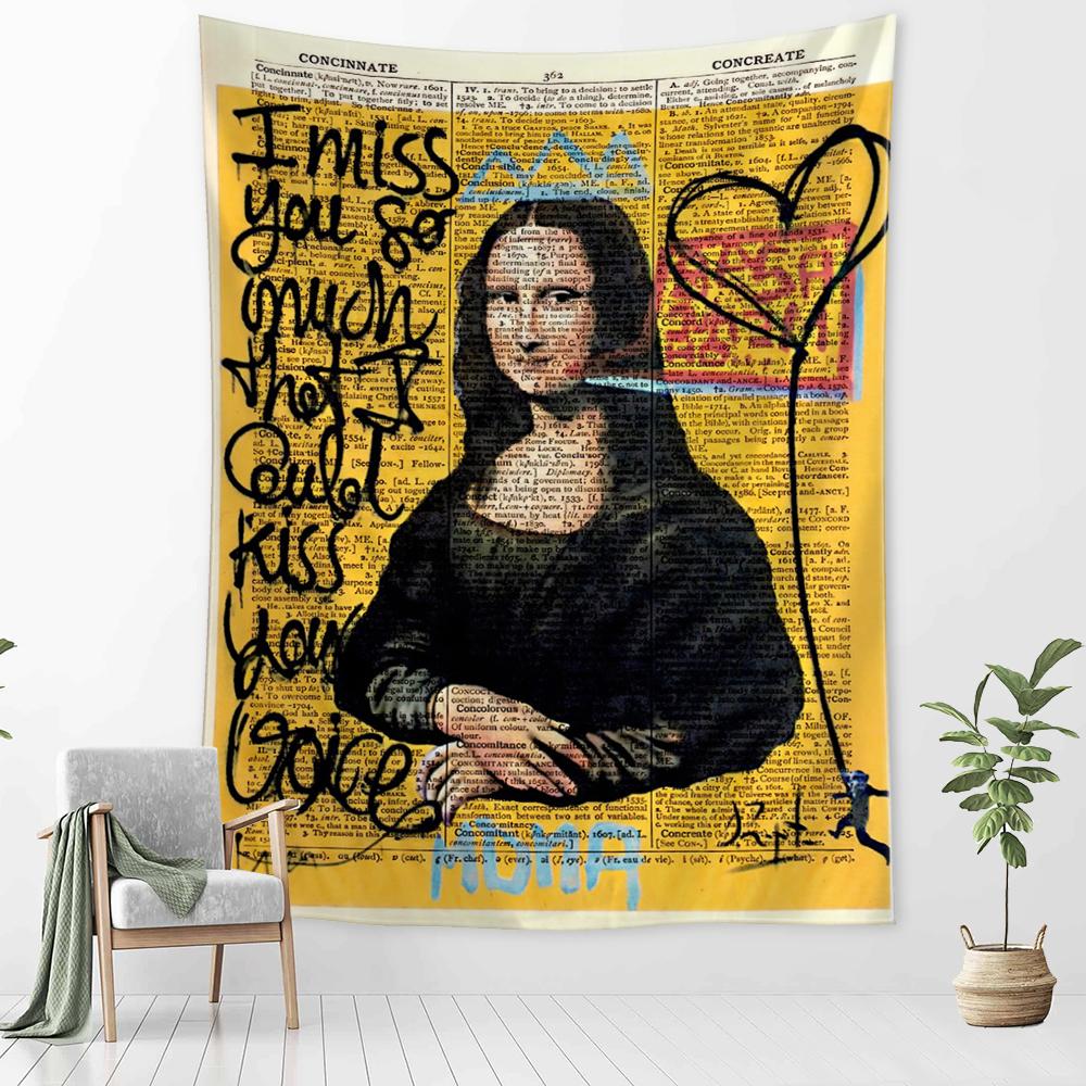 Mona Lisa Graffiti Goblen Duvar Askısı Bohem Plaj Matı Polyester Battaniye Yatak Odası Sanatçı Ev Dekoru