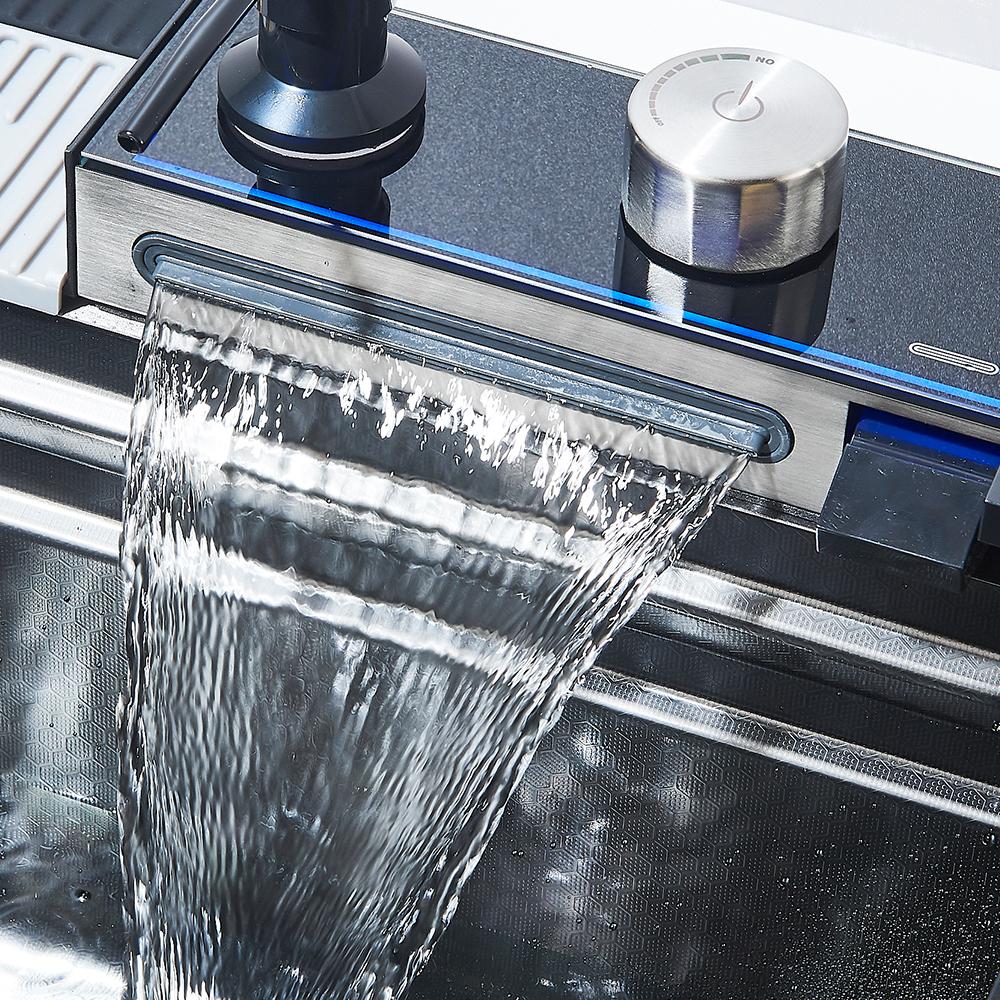 304 Stainless Steel Waterfall Kitchen Sink Faucet Set with Large Single-slot Integrated Digital Display Soap Dispenser 75*45 Cm