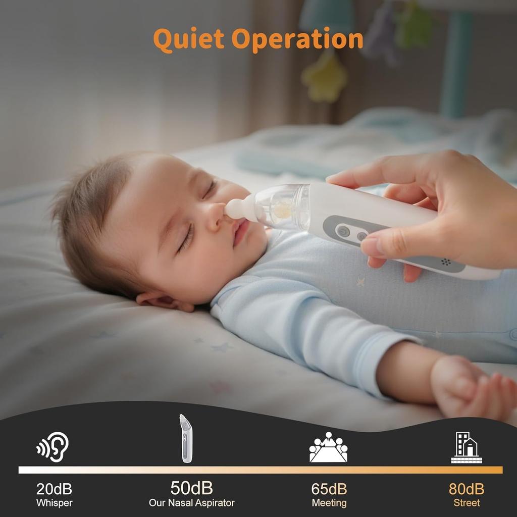 Elektrický nosní odsávačka pro miminka 3 úrovně sání, 3 silikonové nástavce, dobíjecí a přenosný čistič nosu s uklidňující ukolébavkou