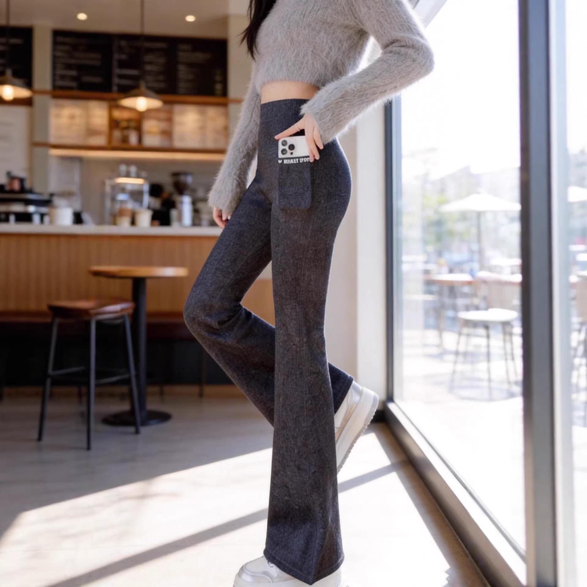 

High Waist Black Gold Bell Bottom Yoga Pants with Pockets - Plus Size Butt Lifting Micro Flare Denim Look 3XL