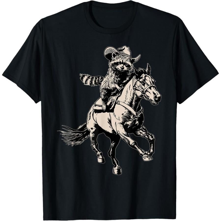 Pertmunsv Vintage Cowboy Racoon Riding A Horse Funny Western Retro 90s T-Shirt S