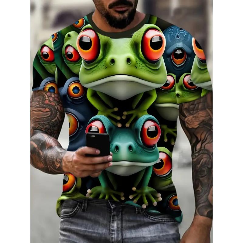 Fun 3D Frog Drinking Beer Pattern Printed Men's T-shirt Summer Casual Daily Street Short Sleeve T-shirt Super Men's Top Lightwei