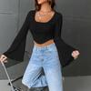 European and American new women's clothing solid color U-neck exposed navel thin fashion horn long-sleeved top sexy short T-shirt women