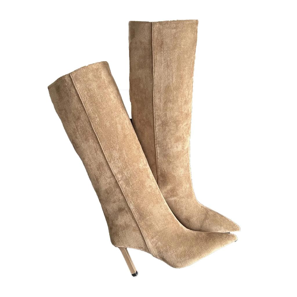 Pointed Toe Slim Fit Long Booties Women's Autumn Winter High Heel Suede Straight Leg Boot over Knee Boots Rubber Sole