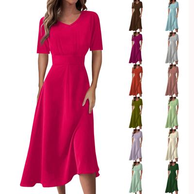 Ladies Casual Fashion Solid Color V-Neck Short Sleeve Waist Long Swing Dress