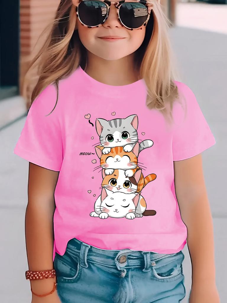 Summer Fashion Girls Short Sleeve T-Shirt Cute Kitten Cartoon Print Casual Top