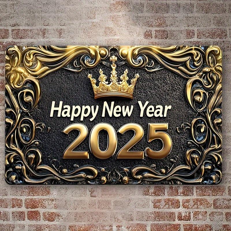2d Flat 30*20cm, Boho Style Wooden "Happy New Year 2025" Sign, Wall Hanging Decorative Plaque, Multipurpose Square Wreath Sign, for Home, Kitchen,