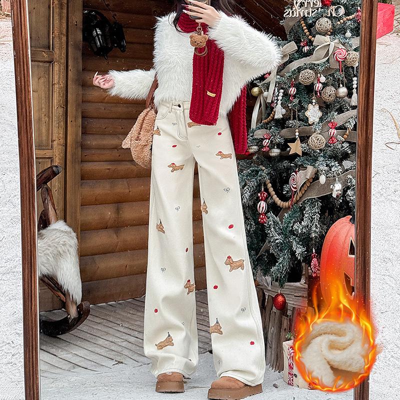 Women's Trendy High-Waist Embroidered Velvet Wide-Leg Jeans for Winter 2025