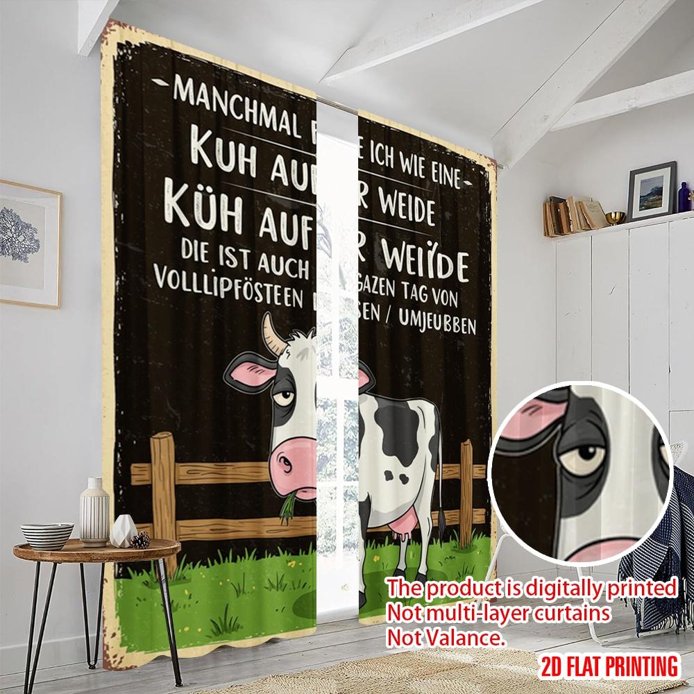 2 Stück 2D Flachdruck Fenstergardinen Lustige Kuh Zaun Weide Stoff Ohne Strom Festliche Vorhänge Perfekt für Allgemein