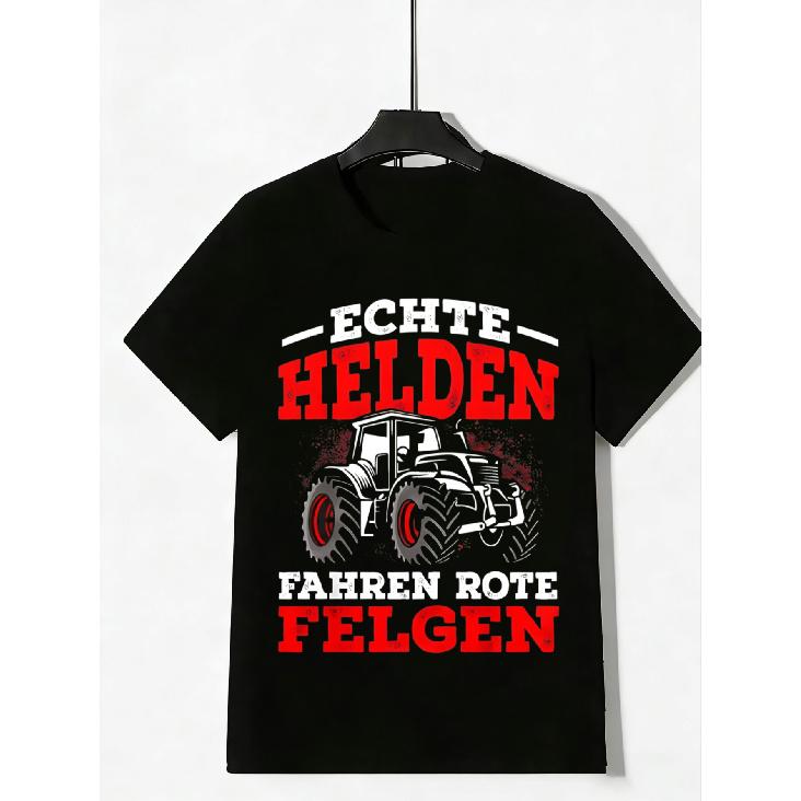 Black T Shirt with Tractor And Text Echte Helden Fahren Rote Felgen Graphic Print for Outdoor Activities And Casual Wear