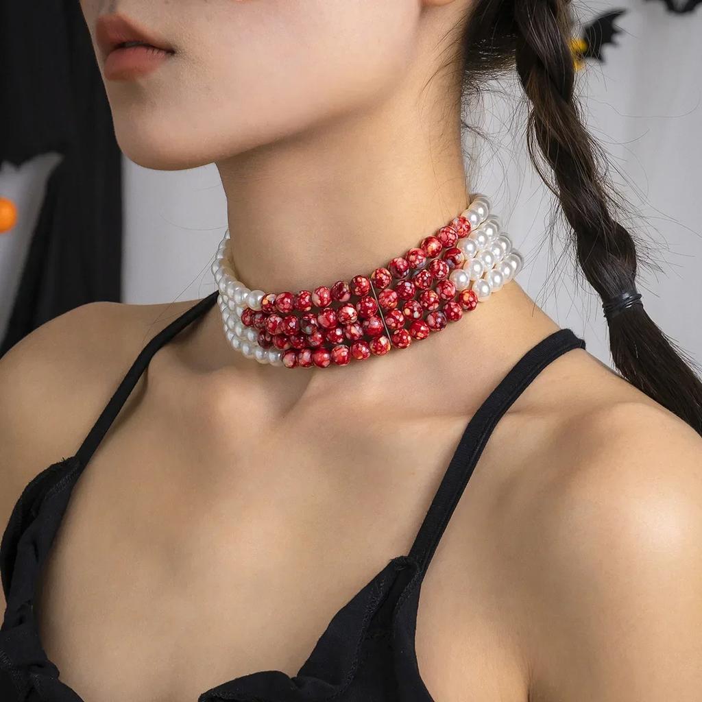 Halloween Retro Multilayer Red Pearl Beaded Pendant Necklace Set for Women Personality Blood Drop Tassel Collar Bone Jewelry