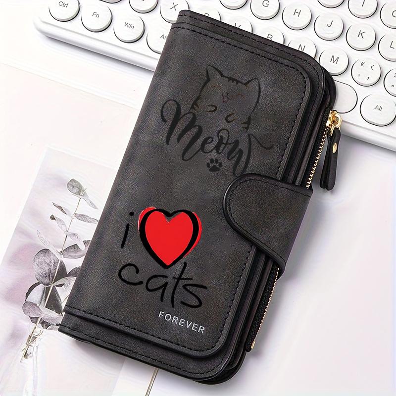 Women's Long Wallet Black Cat Pattern Multi-functional Snap Closure Coin Purse Portable Daily Commute Wallet for Cat Lovers Birthday Gift Travel
