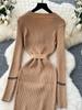 Autumn Korean Fashion Classy Sweater Dress Women Metal Breasted Belt Bodycon Long Dress Female Design Outdoor Knitted Clothing