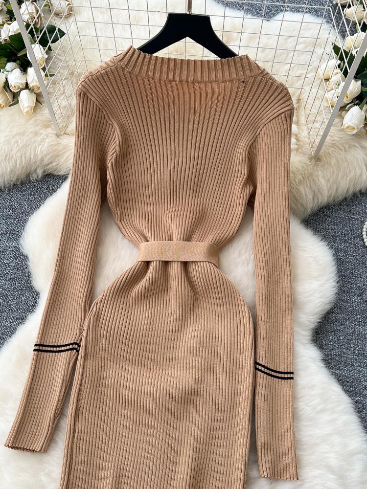 Autumn Korean Fashion Classy Sweater Dress Women Metal Breasted Belt Bodycon Long Dress Female Design Outdoor Knitted Clothing