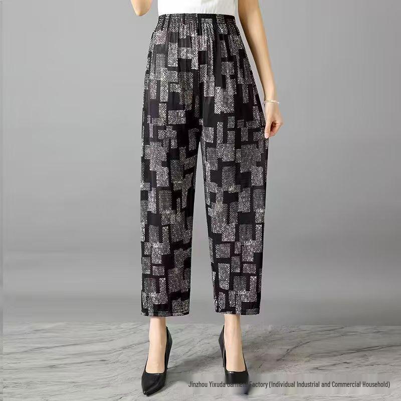 Casual Summer Women's Plus Size Ice Silk Stretch Pants - Loose, High Elastic Waist for Middle-Aged and Elderly