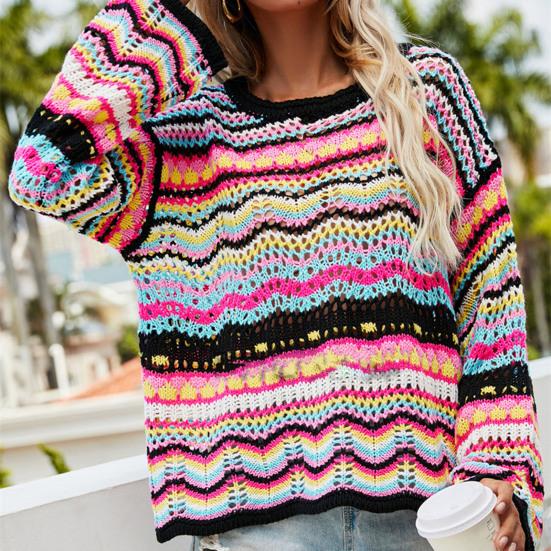 Loose Casual Women Sweater Round Neck Long Sleeve Contrasting Color Stripe Knitted