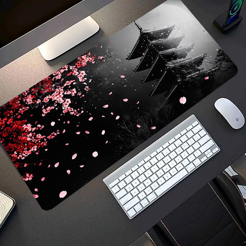 Large Gaming Mouse Pad with Cherry Blossom Pagoda  Moon Design NonSlip Washable Rubber Base 300x800x2mm
