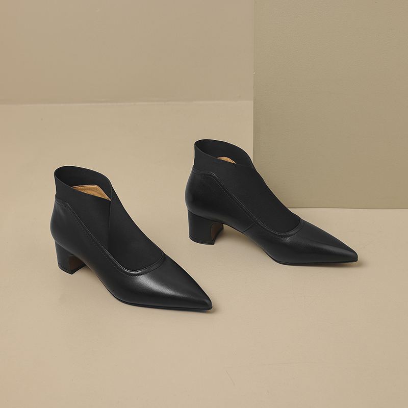 Krazing Pot Cow Leather Sheep Suede Winter Pointed Toe Med Heels Modern Boots Women Slip On Ankle Boots