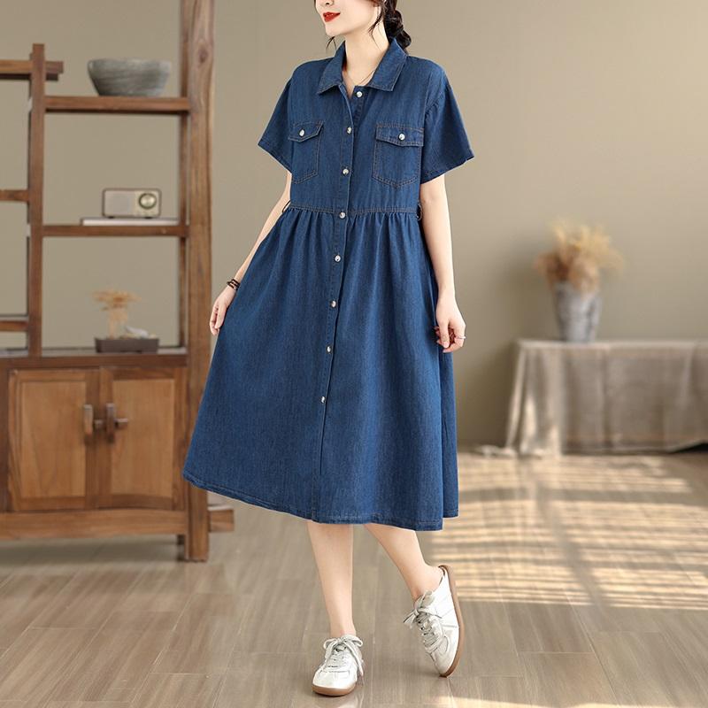 Vestito camicia estivo in denim vintage a maniche corte taglie forti per donna, casual, ampio, lungo