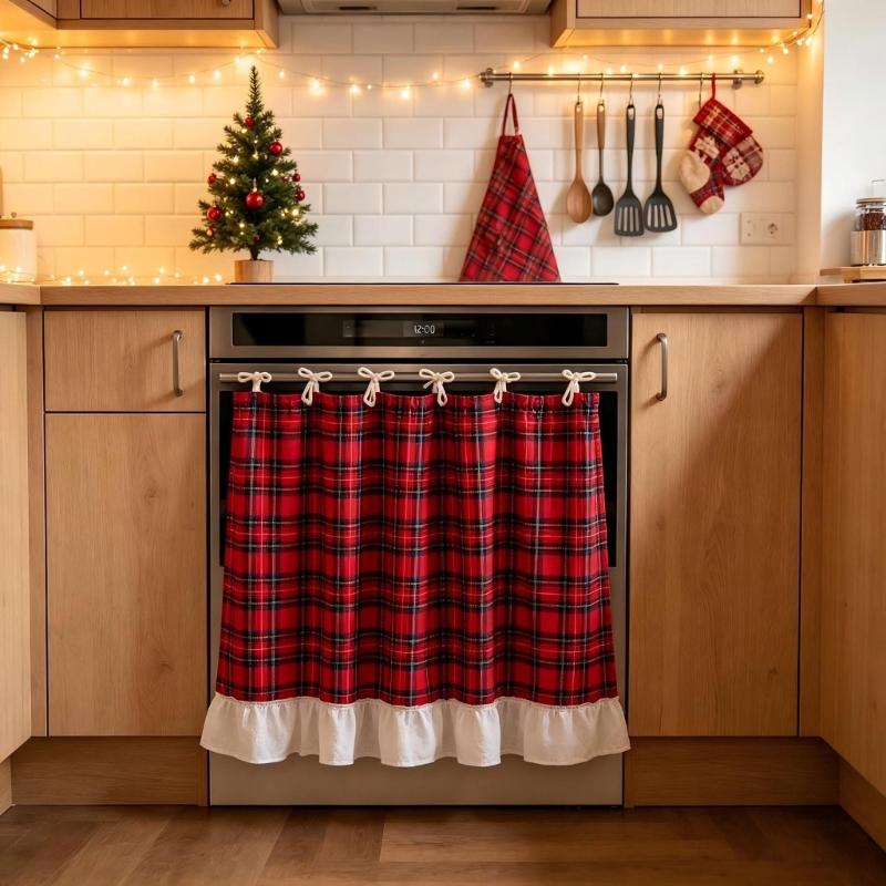 Red Patterned Oven Door Curtain Tie-On Fabric Kitchen Skirt with Ruffled Border for Cabinets Dishwasher Christmas Decoration