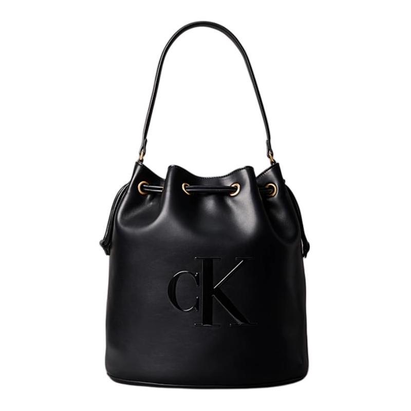 Calvin Klein Embossed Monogram Logo Polyurethane (PU) Bucket Bag Shoulder Bag Women s Black